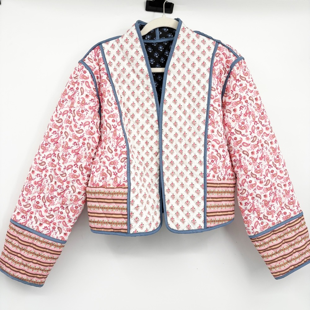 Womens Reversible Quilted Patchwork Boho Floral Cottagecore Jacket Pink Blue M - Picture 2 of 8